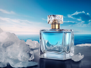 Parfume glass bottle outdoors surrounded by ice and snow. Generative Ai illustration