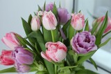 Fototapeta Tulipany - Beautiful bouquet of colorful tulip flowers indoors, closeup