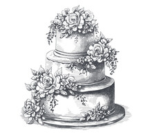 Large Tiered Elegant Wedding Cake With Flowers. Sketch Illustration. Line Art.