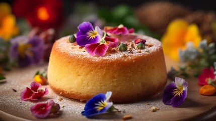 Wall Mural - Semolina cake with flowers decor on wooden table. AI generated