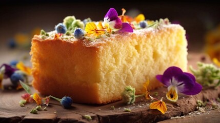 Wall Mural - Semolina cake with flowers decor on wooden table. AI generated