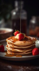 Wall Mural - Stack of delicious pancakes for breakfast with strawberries and honey syrup in plate on wooden table. AI generated