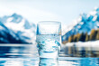 Glass of pouring crystal water against blurred nature snow mountain landscape background. Organic pure natural water. Healthy refreshing drink. Generative ai