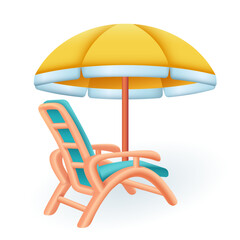 Sticker - Blue lounger and yellow parasol 3D illustration. Cartoon drawing of chair and umbrella for hotel or beach in 3D style on white background. Vacation, holiday, tourism, leisure concept