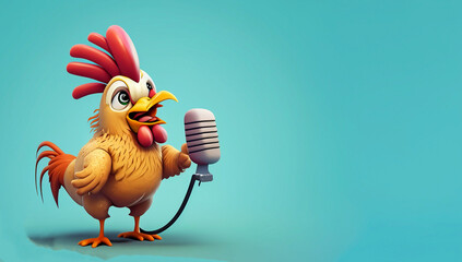 cute cartoon rooster singing with microphone character, copy space