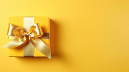 Gift box with golden satin ribbon and bow on yellow background. Holiday gift with copy space. Birthday or Christmas present, flat lay, top view. Christmas giftbox concept.