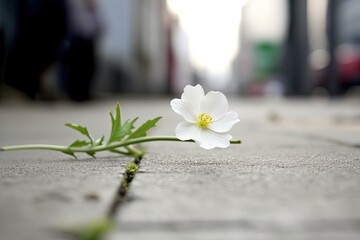 Wall Mural - White flower growing on crack street, soft focus, blank text. Generative AI.