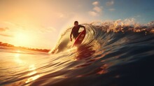 Man Surfing On Waves In Sunset
