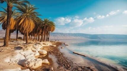 Wall Mural - Dead Sea seashore with palm trees and mountains on background