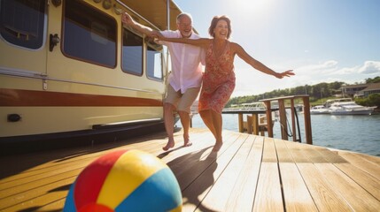 Wall Mural - Happy couple with beach ball on houseboat patio