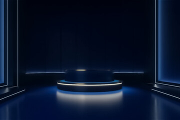 dark navy blue Display mock up 3D luxury stage with LED light and simple shape decoration around it. generative AI