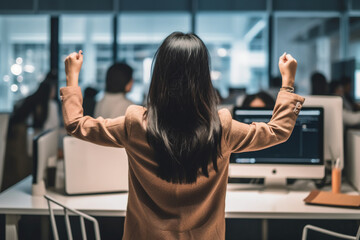 Excited asian people back view in the office standing. AI generative