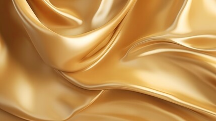 Abstract gold background. Beautiful silk satin cloth texture background. Soft wavy folds on shiny fabric. Luxurious golden material background with copy space for your design. Generative AI.