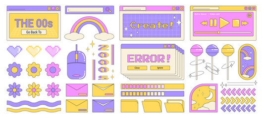 Poster - Trendy Y2K set of retro objects, design elements, stickers, computer desktop windows, mp3 player, lollipops, flower and pixel heart symbols.