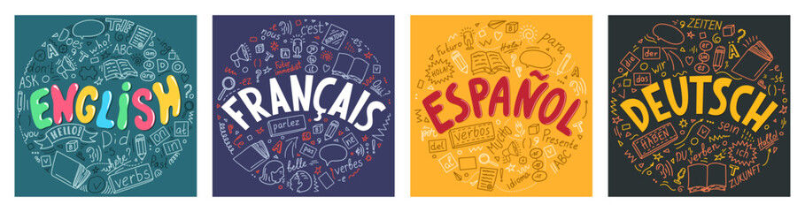 English, Francais (French), Espanol (Spanish), Deutch (German) languages. Set from hand drawn doodles with lettering. 