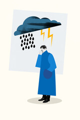 Sticker - Rainy weather collage concept of young depressed man wear waterproof jacket stressful day bad mood isolated on grey color background