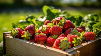 Wall Mural - Strawberries in a basket on a farm