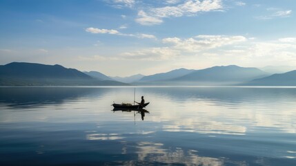 Wall Mural - Fisherman fishing in a calm lake with mountains in the background