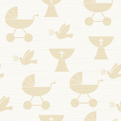 Wall Mural - seamless paper texture with holy baptism symbols, baby pram, dove with olive twig and baptismal font- vector illustration