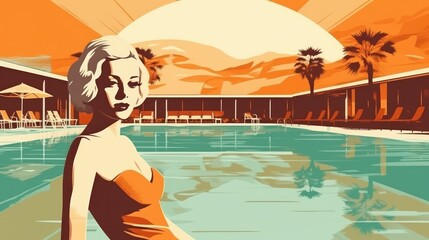 Retro style vector illustration of girl by the pool