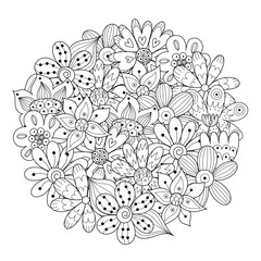 Wall Mural - Doodle flowers circle shape coloring page. Hand drawn floral mandala for coloring book. Vector illustration