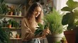 © Oliver - Young woman inspecting leaves on green houseplant at home