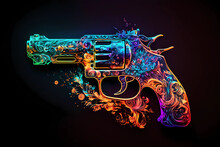 An Abstract Design Of A Gun Painted With Watercolors On Black Background	