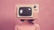 Woman with a pink retro television as her head