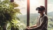 © Oliver - Man using VR headset at window with view of green tree