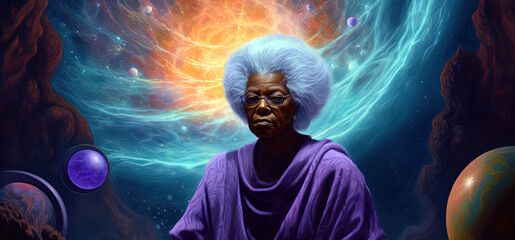 Wall Mural - black woman meditates in cosmos, wise elder african woman connecting with the universal consciousnes