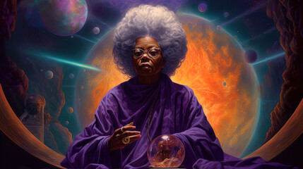 Wall Mural - black woman meditates in cosmos, wise elder african woman connecting with the universal consciousnes