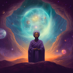 Wall Mural - Black woman meditates in cosmos, wise elder african woman connecting with the universal consciousness. Concept. Generative AI.