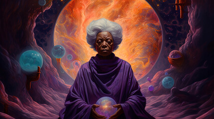 Wall Mural - black woman meditates in cosmos, wise elder african woman connecting with the universal consciousnes