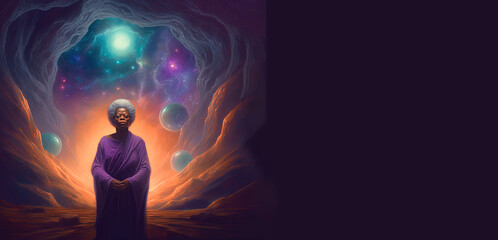 Wall Mural - Black woman meditates in cosmos, wise elder african woman connecting with the universal consciousness. Concept. Generative AI.