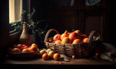 Wall Mural - Organic healthy fresh food in basket. Basket with fruits on window. generative ai.