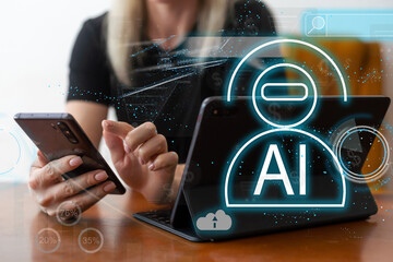 Aufkleber - woman using computer chatting with an intelligent artificial intelligence asks for the answers wants