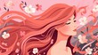 Girl with flowing hair in a pink summer breeze and flower
