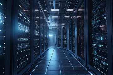 Poster - room with servers Information technology infrastructure with server racks and storage arrays , Generative AI	