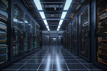 Poster - technology infrastructure with server racks and storage arrays , Generative AI	