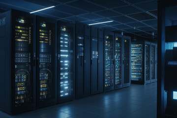 Poster - Information technology infrastructure with server racks and storage arrays , Generative AI	
