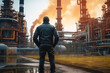 © Shinonome Studio - Engineer in protective suit checks list at Petrochemical Refinery Complex. Copy space. Generative AI.