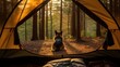 Happy dog near the camping. Travel concept with pets. Generative AI.