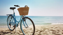 Feminine Bicycle Of Comfort Class With Empty Basket On The Sandy Beach Of Mediterranean Sea. Generative AI