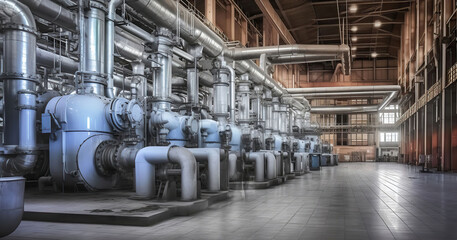Thermal power plant piping and instrumentation, modern factory machinery. Generative AI