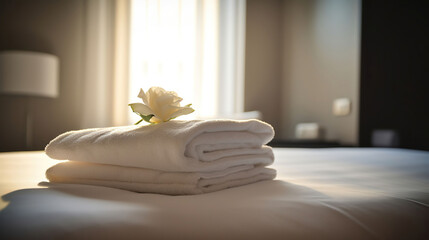 Hotel room with freshly made bed, perfectly clean and ironed sheets, stack of new folded towels and single flower as decoration. Generative AI