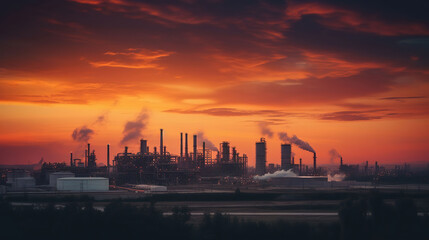 Wall Mural - Petrochemical industrial plant power station at sunset, Generative AI