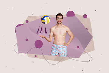 Sticker - Creative collage portrait of positive cheerful guy arm throw volleyball isolated on painted white background