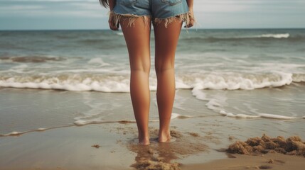 Wall Mural - Girls legs standing in the seashore