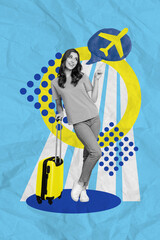 Poster - Vertical creative photo of positive excited woman collects suitcase directing at plane dream about vacation isolated drawing background