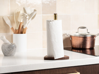 Paper towels on the holder.  Cleanliness, hygiene.